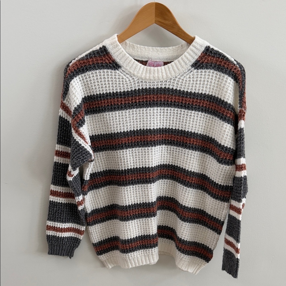 Pink Lily Striped Crew Neck Sweater – Cream, Gray & Brown – Size XS